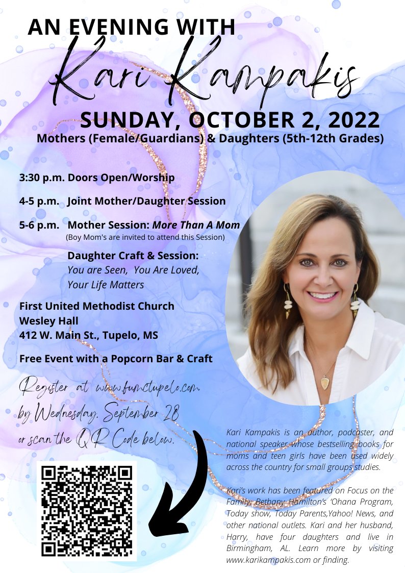 fumctupelo's tweet photo. We are excited to host An Evening with Kari Kampakis on Sunday,  October 2! Make sure to register today at https://t.co/dyu97Hr7mv. https://t.co/aXsspaVPVp