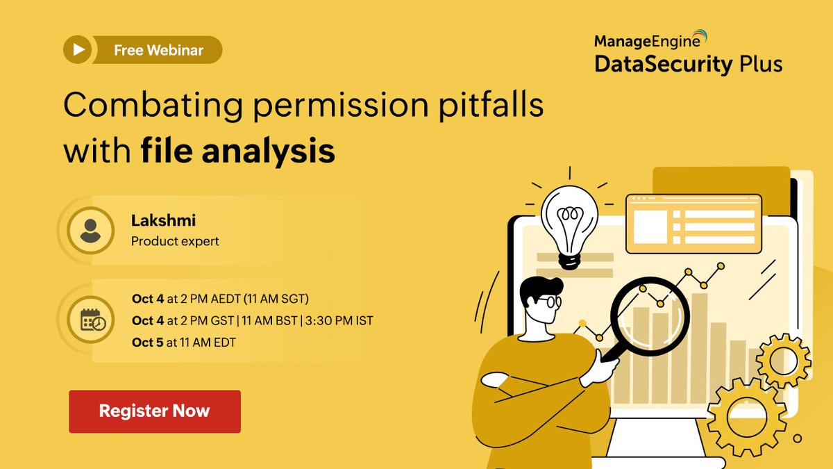 manageengine's tweet photo. Detecting and remediating permission vulnerabilities is a continuous process that can be made easy with file analysis. Register for this webinar to find out how. https://t.co/k9hGYBfmXL
#FileAnalysis #DataSecurity https://t.co/tLhiDORvw7
