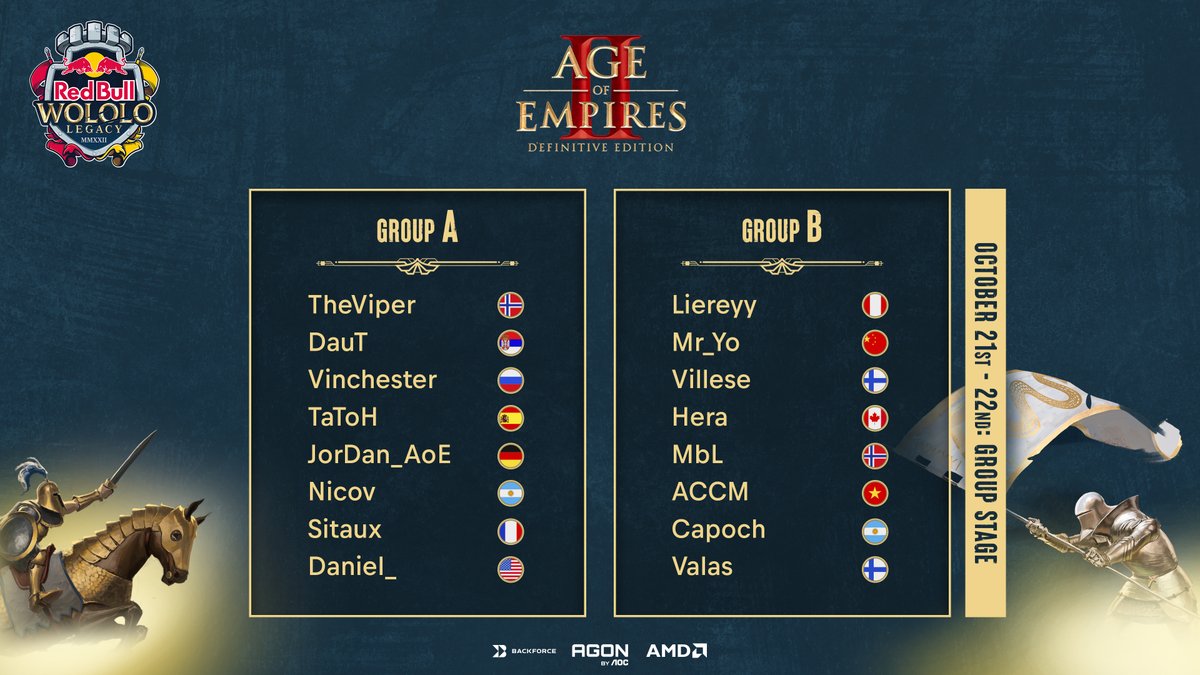 The groups for Red Bull Wololo Legacy <a href="/AgeOfEmpires/">Age of Empires</a> II &amp; IV are here!

Which banner do you swear loyalty to?

Check out all the players here ▶ win.gs/3fkxp98