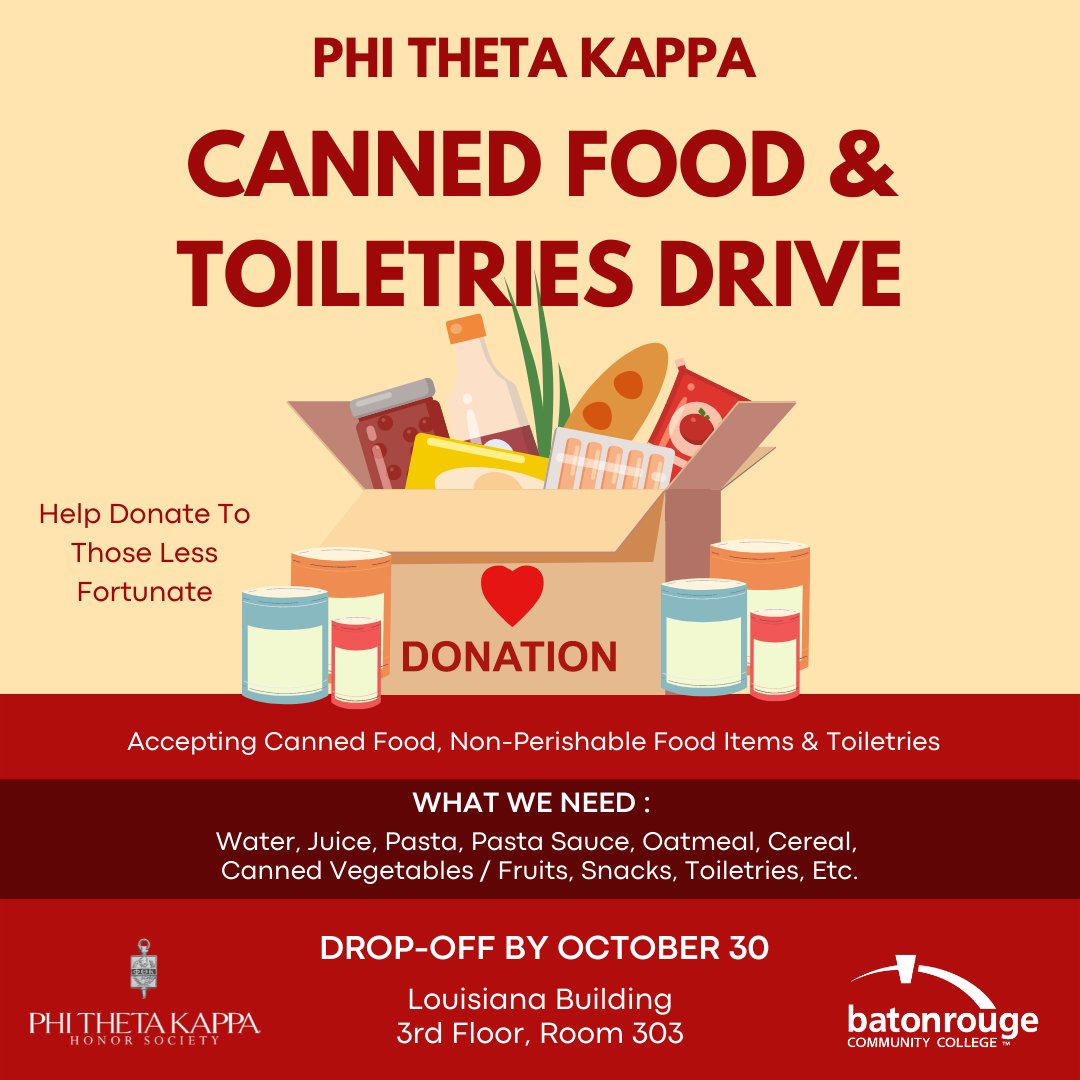 CALLING ALL BEARS! #MyBRCC's Phi Theta Kappa Honor Society is hosting a canned food and toiletries drive through Oct. 30. Clean out your cabinets and help someone in need! Items may be brought to the Louisiana Building, Room 303.