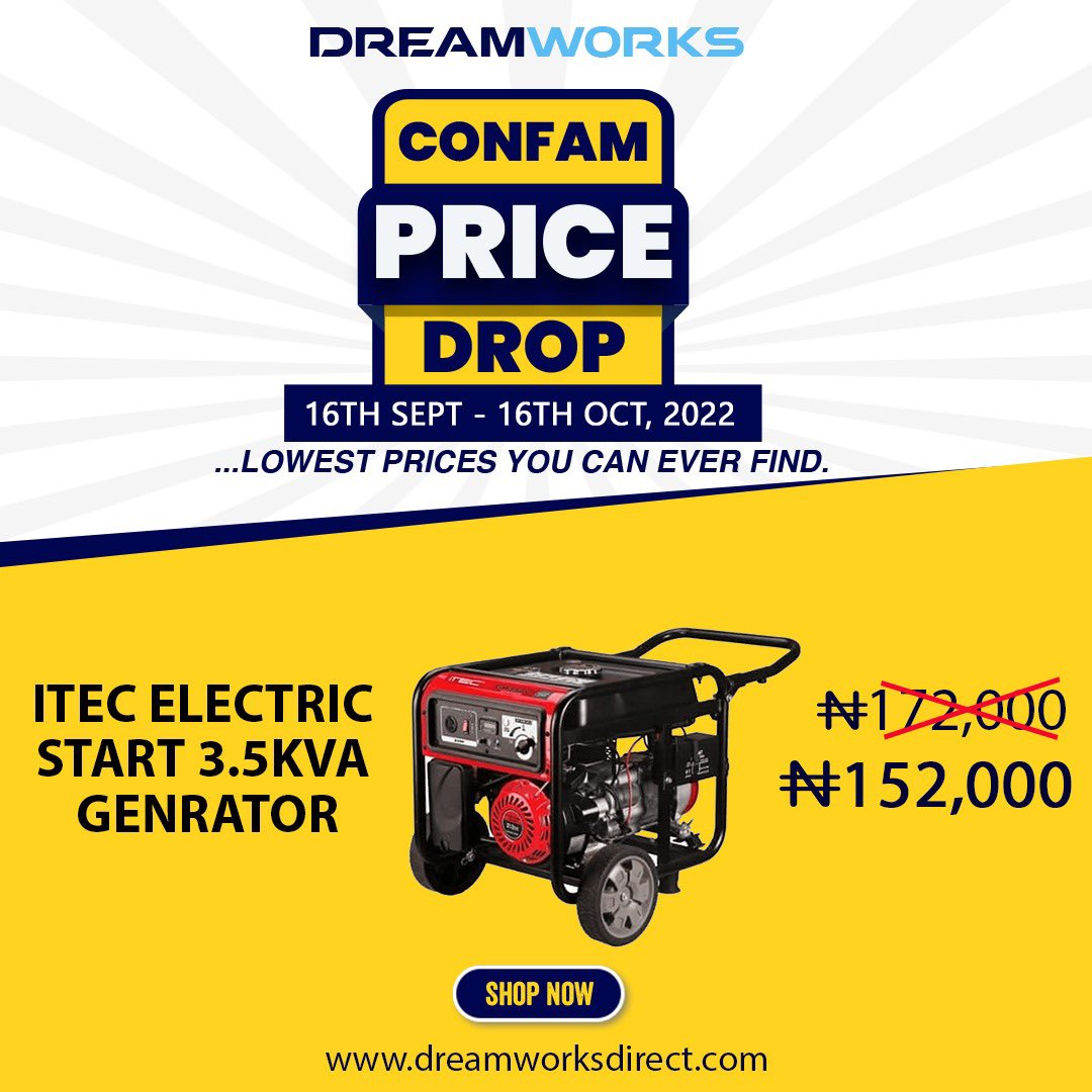 Dreamworksnig's tweet photo. CONFAM PRICE DROP!!
You don see this price for ITEC Electric Start 3.5 KVA Genrator?
E shock you abi?
Stay glued to our social media pages for more updates like this. You don't want to miss these amazing price drops.
#Lifestyle #Accessories #Gadgets #genrators https://t.co/SFEANVnVCC