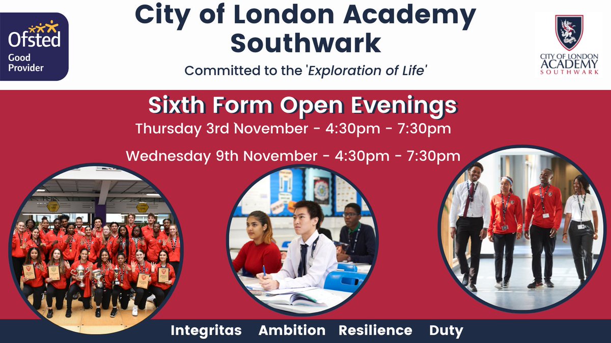 CoLA_6thForm's tweet photo. Book your space today!

Come and see the City of London Academy Southwark Sixth Form for yourself on Wednesday 3rd or Thursday 9th November. 

Your future starts with a visit to our Sixth Form Open Evening. Visit https://t.co/r7pqNntLQO to book your space. https://t.co/lhaalAzpXU