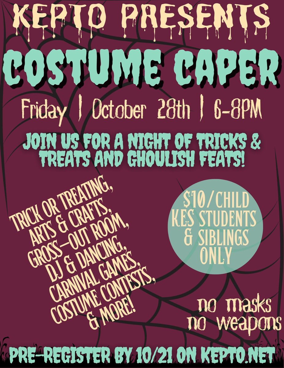 It's back!!! Our traditional Costume Caper Halloween event! Mark your calendars for Friday, October 28th!! It is going to be an awesome time!! You may pre-register now at KEPTO.net! @Carmelschools