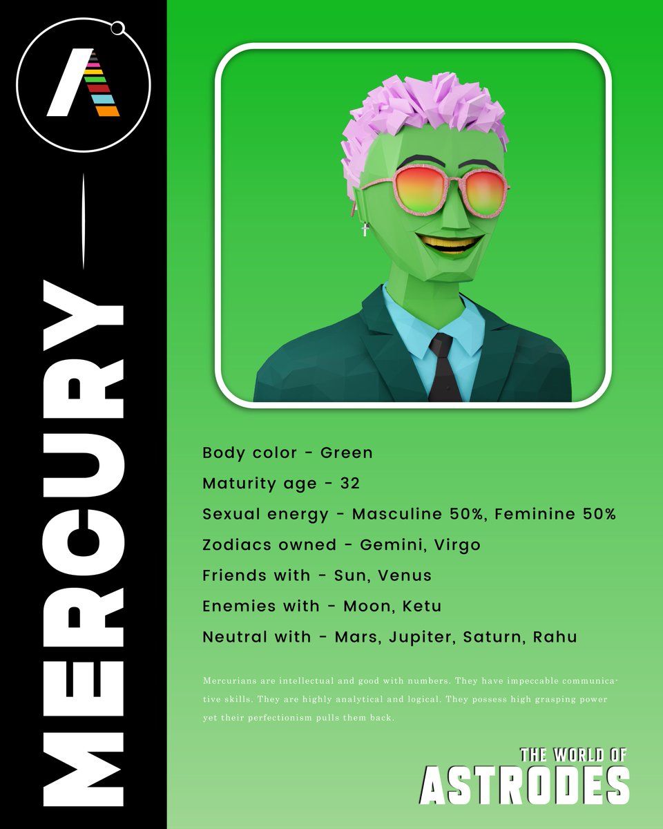 AstrodesNFT's tweet photo. #getastrofied
Introducing Mercurians from the Astrodes community.
Mercurians are intellectual and good with numbers. They have impeccable communicative skills. They are highly analytical and logical. They possess high grasping power yet their perfectionism pulls them back.
#nft https://t.co/jToB54B3W7