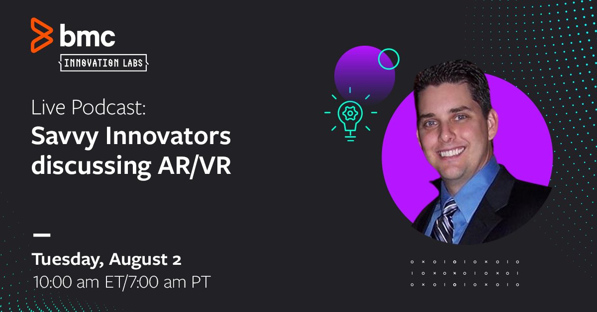 BMCSoftware's tweet photo. Catch an encore episode of The Savvy Innovators on @VoiceAmericaTRN discussing #AR versus #VR and the Art of the Possible tomorrow, 10:00 am ET featuring Eric Anderson, AVP of Innovation.

Tune in > https://t.co/nuMVStYOPo https://t.co/f2gVbzhL6a