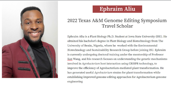 GE_TAMU's tweet photo. Announcing the 2022 Texas A&amp;M GES Travel Scholars! First up is Ephraim Aliu, a PhD student at Iowa State. Ephraim will be presenting his research on "Highly Efficient CRISPR RNA-guided Integrase for Agrobacterium Genome Editing".
Register today! https://t.co/LNj4nCU1Nb https://t.co/kRR4xX2bJS