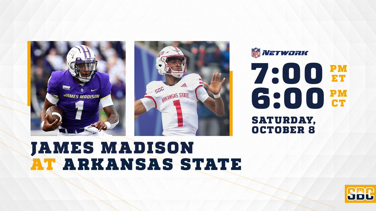 𝗡𝗔𝗧𝗜𝗢𝗡𝗔𝗟 𝗥𝗔𝗗𝗔𝗥.

The <a href="/JMUFootball/">JMU Football</a> at <a href="/AStateFB/">Arkansas State Football</a> game on Saturday, Oct. 8, has been elevated to <a href="/nflnetwork/">NFL Network</a> at 7 p.m. ET/6 p.m. CT. The Dukes are 1-of-2 remaining non-autonomy five unbeatens. ☀️🏈