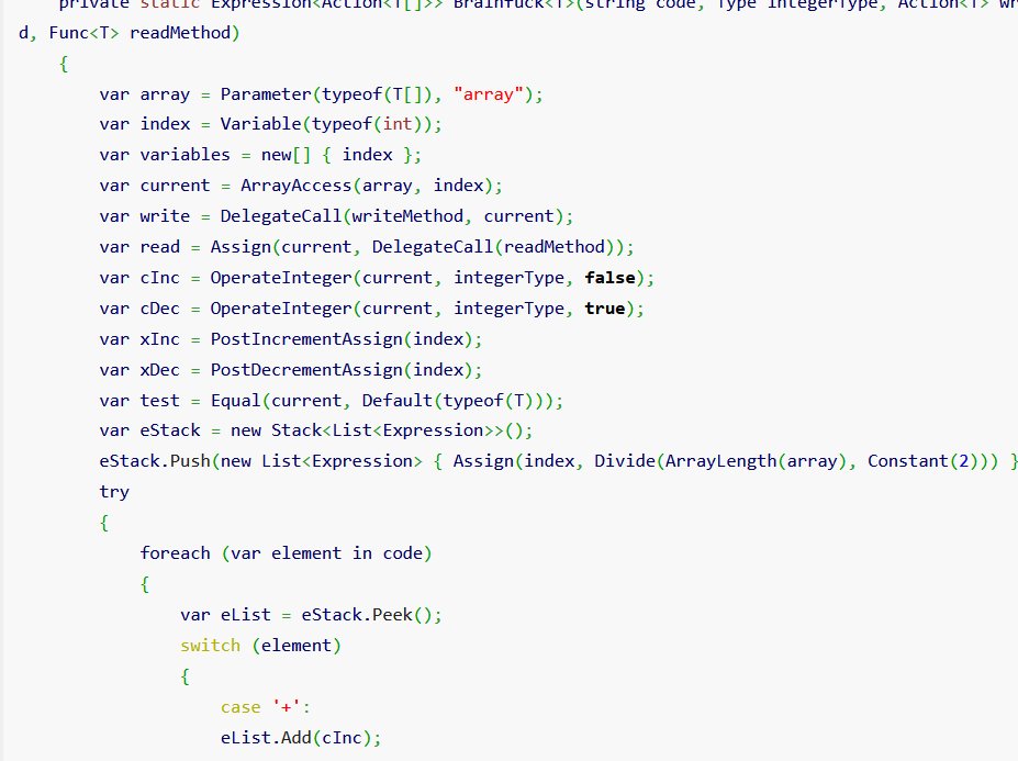 sinh76821661's tweet image. #CSharp #dotnet #ideone #programming #programminglanguages #Expression #LinQ
C# でBrainf*ckをExpressionに変換して実行するプログラムです。
ideone.com/tHXaY3
