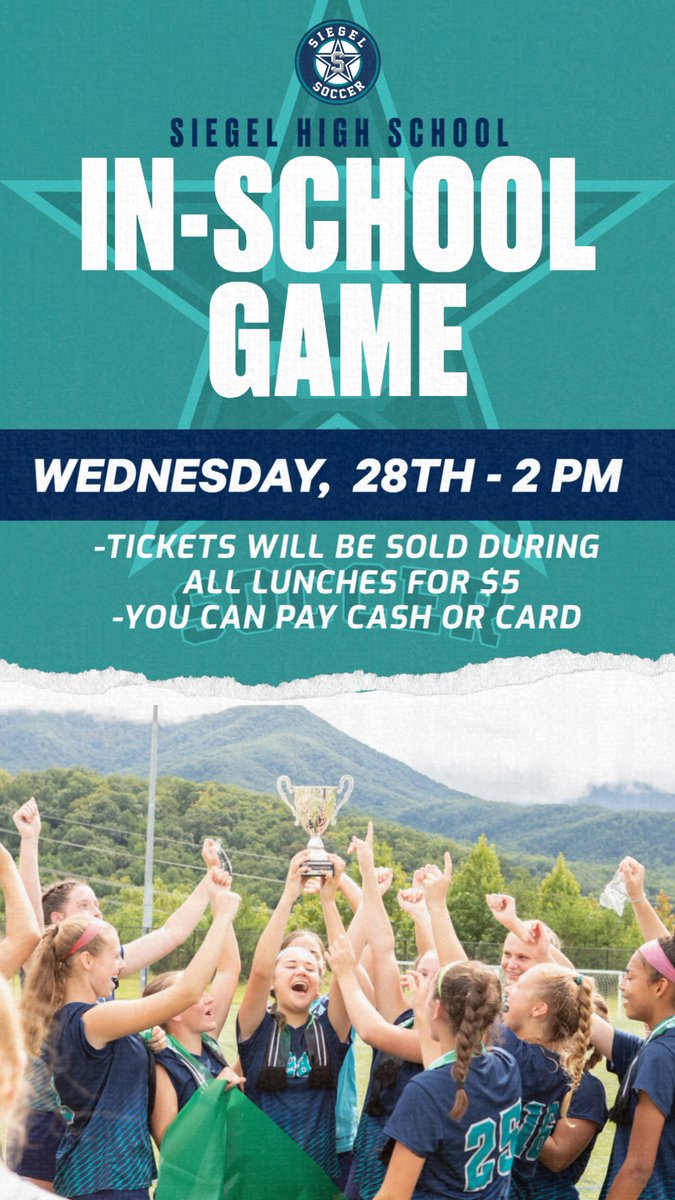 IN-SCHOOL GAME THIS WEDNESDAY!!! We will playing  a district game against Riverdale at 2 p.m. with JV immeditely after at 3:30. Buy your tickets and come out and support the girls! <a href="/Siegel_Nation/">The Nati❌n</a> <a href="/SiegelAthletics/">Siegel Athletics</a> <a href="/SiegelHighStars/">Siegel High School</a>