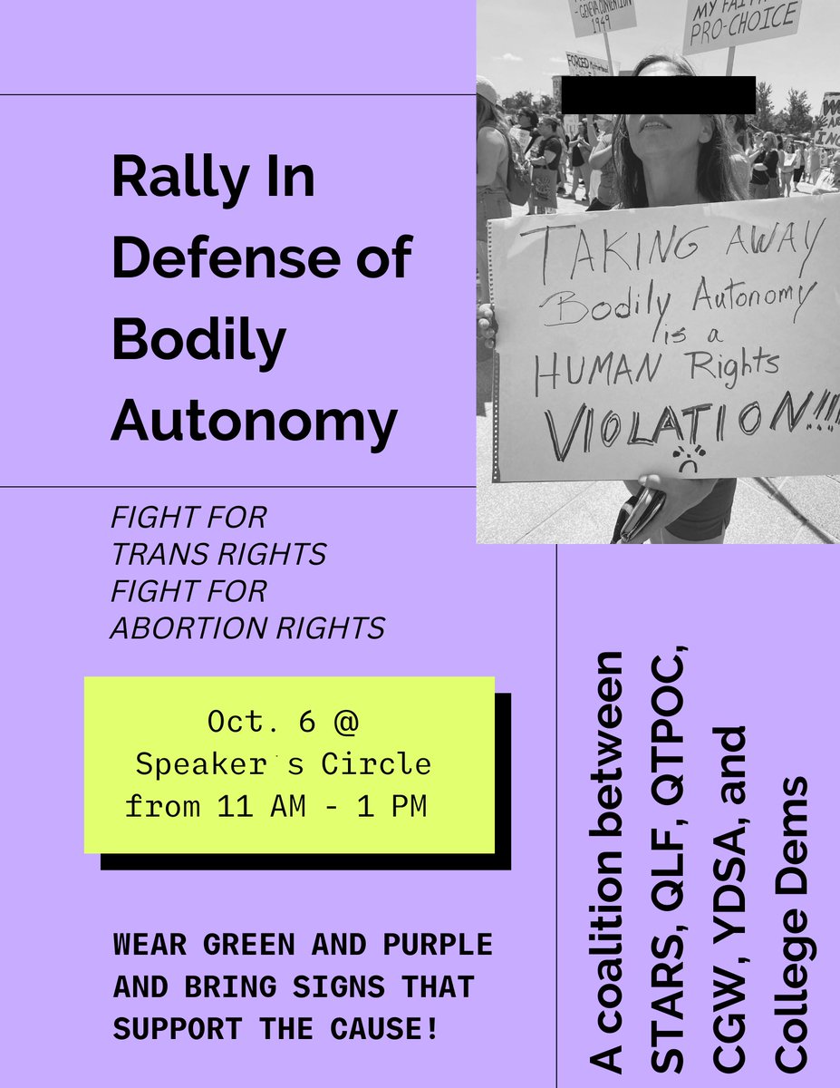 As part of a coalition between <a href="/MizzouSTARS/">STARS</a> <a href="/MizzouQLF/">Queer Liberation Front</a> <a href="/MizzouQTPOC/">QTPOC</a> <a href="/cgwmissouri/">CGW Missouri</a> and <a href="/mizzoudems/">Mizzou College Democrats</a> we are having a rally next Thursday in support of trans rights and abortion rights, and push <a href="/Mizzou/">Mizzou</a> do better.