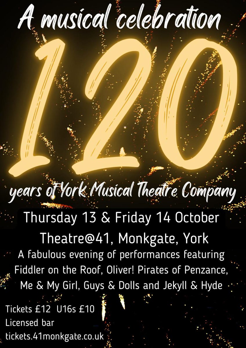 A fabulous evening of songs.. Fiddler on the Roof, Oliver, Pirates of Penzance, Me &amp; My Girl, Guys and Dolls, and Jekyll &amp; Hyde. Enjoying music and performances from the many shows the company have performed over the years.
tickets.41monkgate.co.uk
<a href="/YorkMusicalThCo/">YMTC</a>