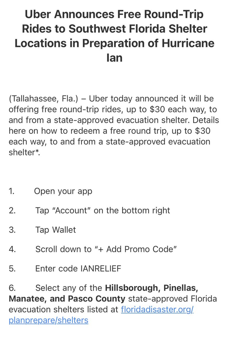 javicorreoso's tweet photo. Uber will offer a free $30 ride to/from evacuation shelters in Tampa market. In “Payment” section of Uber app,enter code IANRELIEF  for trip to any of the Hillsborough, Pinellas, Manatee, and Pasco County Florida evacuation shelters listed at https://t.co/zAOs58AVBo https://t.co/15wldYbBrI