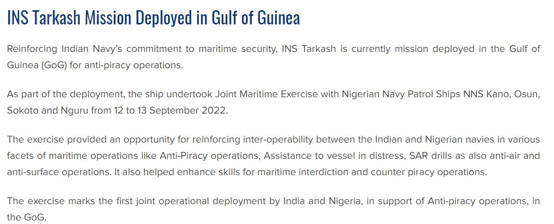 Aditya_G_Social's tweet photo. INS Tarkash, a Talwar class frigate, is in the Gulf of Guinea (GoG) for an anti-piracy deployment. Seemed to have gone un-noticed but this is the #IndianNavy's farthest ever #MissionBasedDeployment (MBD). Arguably fathest ever mission. Ship has MARCOS crew aboard. https://t.co/b2BYyGR5kW