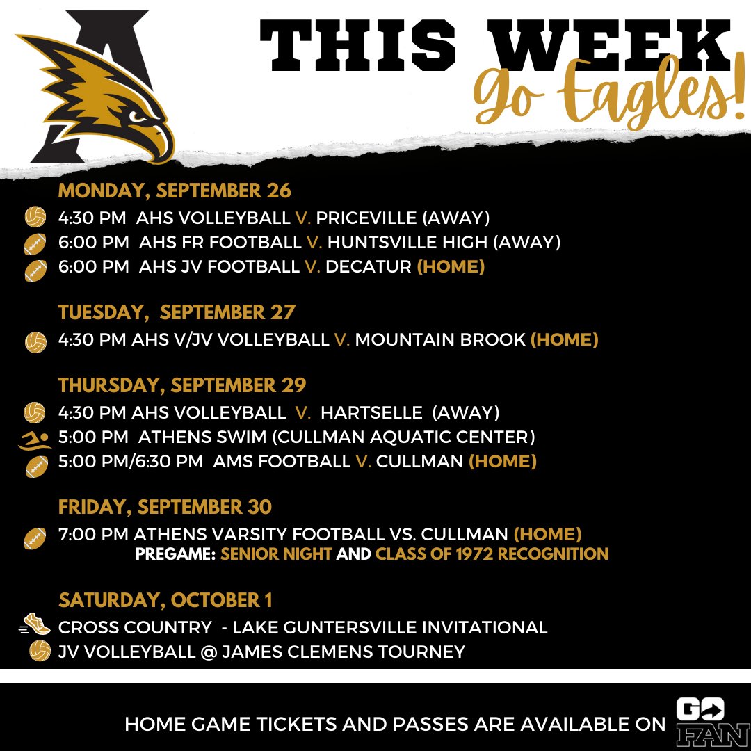 #oneAthens SPORTS THIS WEEK Athens Youth Cheer will perform at the AHS JV Football pregame at 5:45 this evening. Senior Night and Class of 1972 Recognition will be held during AHS Varsity pregame on Friday. Let's #goEagles! #goldeneaglespirit📣🦅🏐🏈🏃🏊‍♀️