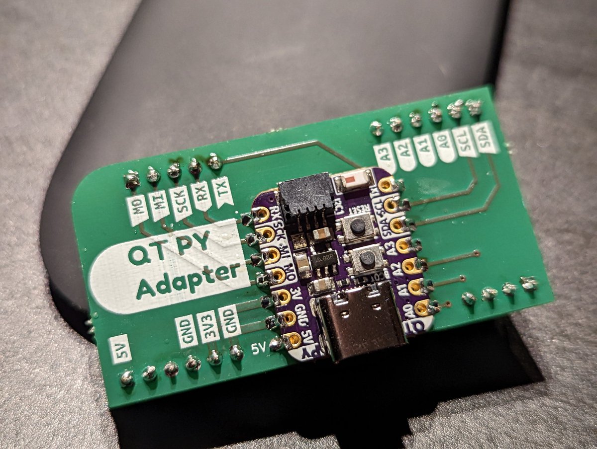 @mrgl@ohai.social (John Mastodon fan account) (@morgulbrut) on Twitter photo Made a wordclock for a <a href="/MakersImZiger/">MakersimZigerschlitz</a> workshop using a cheap China ESP32-S2 board and <a href="/CircuitPython/">CircuitPython</a>. The WiFi wasn't working properly though.
Needed a fix, so let me introduce: a very specific <a href="/adafruit/">adafruit industries</a> QT PY to ESP32-S2 Cheap China adapter. Made a wordclock for a <a href="/MakersImZiger/">MakersimZigerschlitz</a> workshop using a cheap China ESP32-S2 board and <a href="/CircuitPython/">CircuitPython</a>. The WiFi wasn't working properly though.
Needed a fix, so let me introduce: a very specific <a href="/adafruit/">adafruit industries</a> QT PY to ESP32-S2 Cheap China adapter.