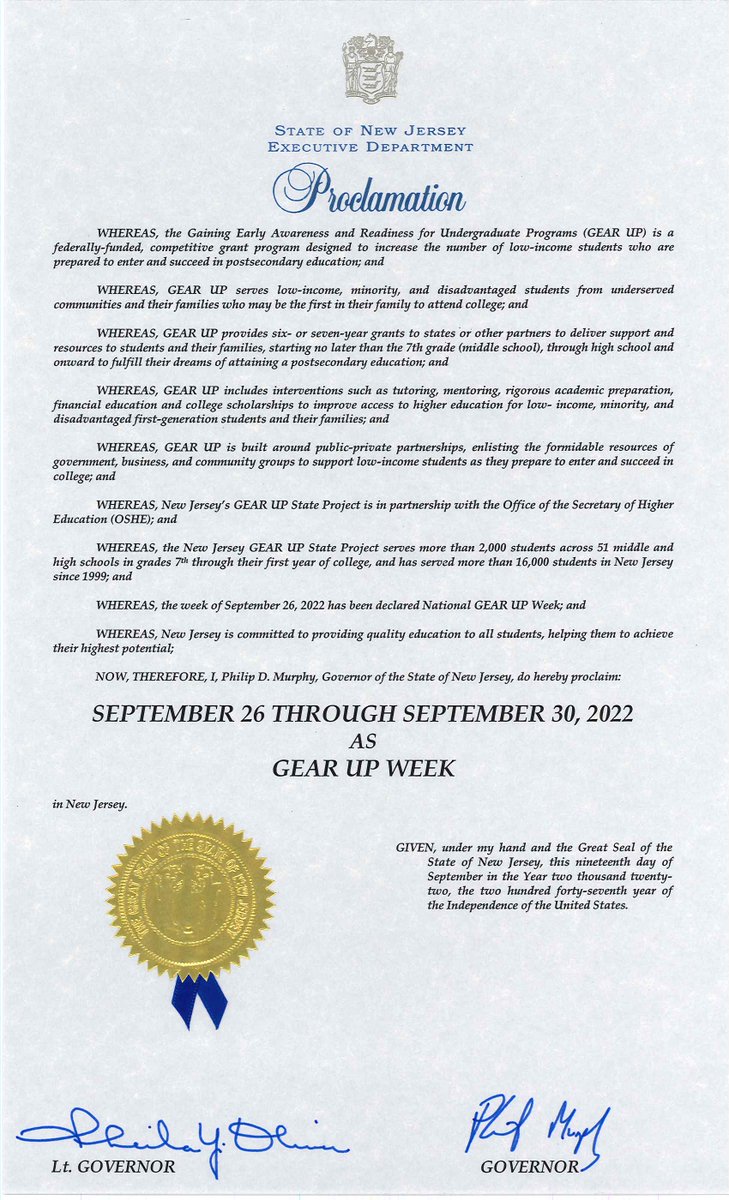 NJ GEAR UP is proud to celebrate National #GUWeek! 

Through continued support for #GEARUP &amp; the NJ College Bound Grant, thousands of low-income, underrepresented NJ students receive services to increase academic achievement, graduate from high school and succeed in college.