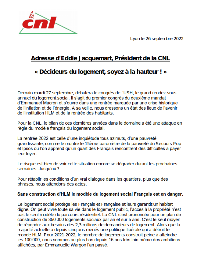 La_CNL's tweet photo. A la veille du #CongresHlm le Président de la #CNL @EddieJacquemart s'adresse aux décideurs du logement social: "Soyez à la hauteur!"
@OlivierKlein93 @emmacosse
#stopRLS #préserverActionLogement #0coupuregazetelectricite #blocagedesloyers #Justicesocialetclimatique https://t.co/2Vx3qoNIGJ