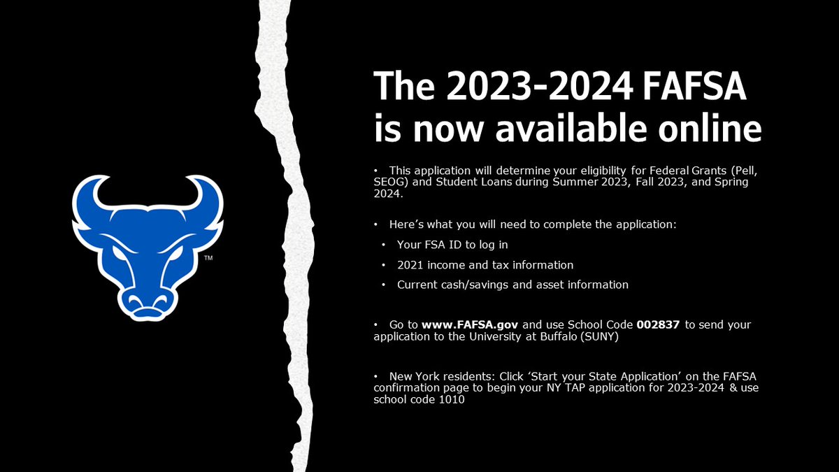 Time to do your FAFSA for 2023-2024.  UB current and incoming students, go to fafsa.gov and use School Code 002837 to send the application to UB.#FAFSA2324 #DontPutItOff