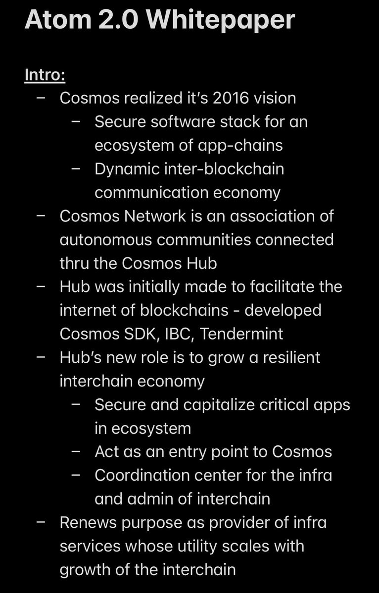 internbrah's tweet image. Intern notes on Cosmos’ new 27 page whitepaper 

TL;DR 
- Secure economic scaling ⛓
- $ATOM as reserve currency 🏦
- New economic engine 📈

Definitely worth a read! 

(1/2)