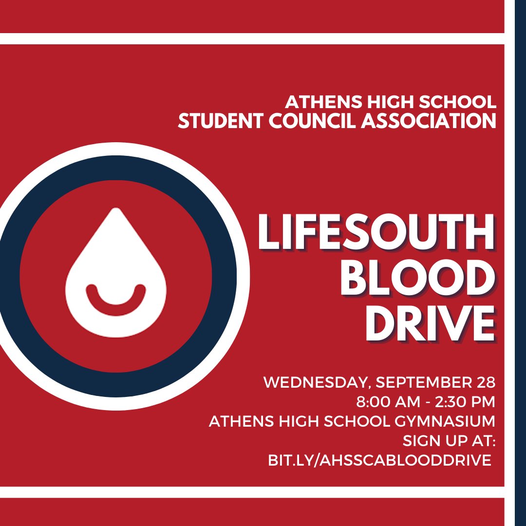 Athens High School SCA is hosting a Blood Drive on Wednesday, September 28 at the AHS Gym. Appointments are available from 7:30 AM-2:30 PM. Sign up at bit.ly/AHSSCABloodDri…. If you have any questions, please contact Nicole.Taylor@acs-k12.org.