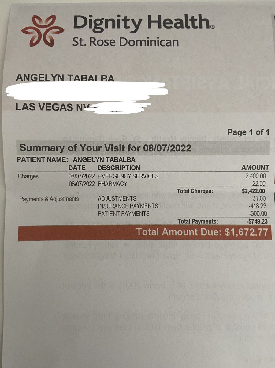 angelyntabalba's tweet photo. In August I had a minor injury and sought emergency services. 

My “emergency services” comprised of an 15-minute conversation with the doctor (who never ran tests or diagnosed me with anything) and a tablet of ibuprofen. Here’s my bill… And yes, I have insurance! https://t.co/8WKToNz9g1