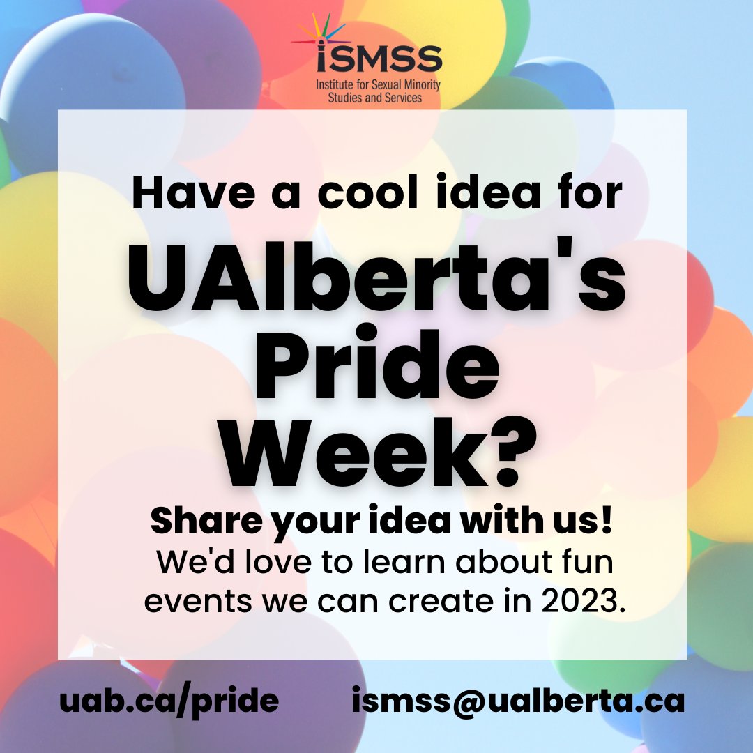 fyrefly_ua's tweet photo. Share your event idea with us for how we should celebrate UAlberta’s #2SLGBTQ+ community! We’d love to learn about cool events that our team can create in 2023: https://t.co/9pHHS0pBzD
#ualberta #ualbertaprideweek #ualbertastudents #universityofalberta #pride #prideweek https://t.co/YpF85EO9Ig