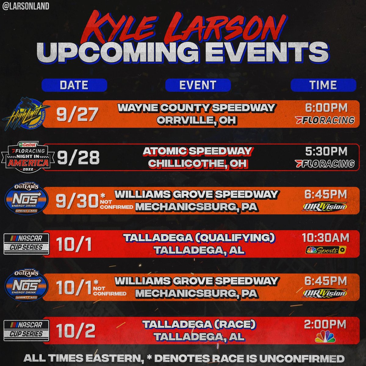 LarsonLand's tweet image. Projected Kyle Larson schedule for this week. Please note that the two nights at Williams Grove for National Open are NOT CONFIRMED as of now. 

#kylelarson #yungmoney #nascarplayoffs #highlimitsprints #dirttrackracing #floracing #dirtlatemodels #sprintcars