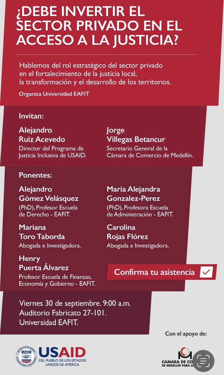 alegp1's tweet photo. ¿Debe el sector privado invertir en el fortalecimiento de la justicia local? ⚖️🕊

Los invitamos este viernes a la presentación de resultados de este proyecto liderado por investigadores de @EAFIT @CValorPublico #BienPlus #ODS16 #B4P
Link para registrarse https://t.co/7dFzdyctzf https://t.co/fvFYgFe82d