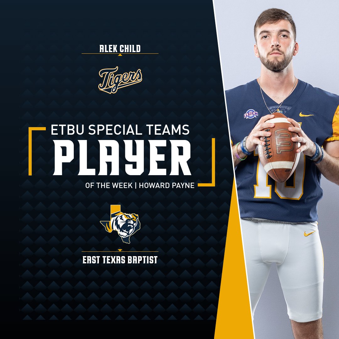 ETBU Football (@ETBU_Football) on Twitter photo 2022-09-26 20:14:35 #ETBU Players of the Week 🆚 Howard Payne ➡️Devian Wilson (offense) ➡️Christian Booker (defense) ➡️ @ChildAlek (special teams) #TexasTigers #ETBU Players of the Week 🆚 Howard Payne ➡️Devian Wilson (offense) ➡️Christian Booker (defense) ➡️ @ChildAlek (special teams) #TexasTigers