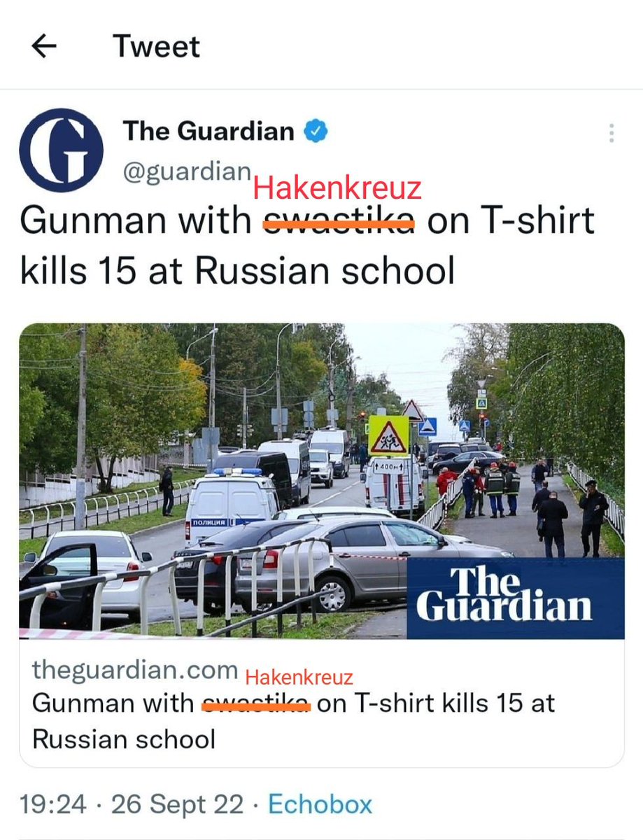AskAnshul's tweet photo. Fixed it: Gunman with Hakenkreuz on T-shirt kills 15 at Russian school. https://t.co/4xfhheqDPh