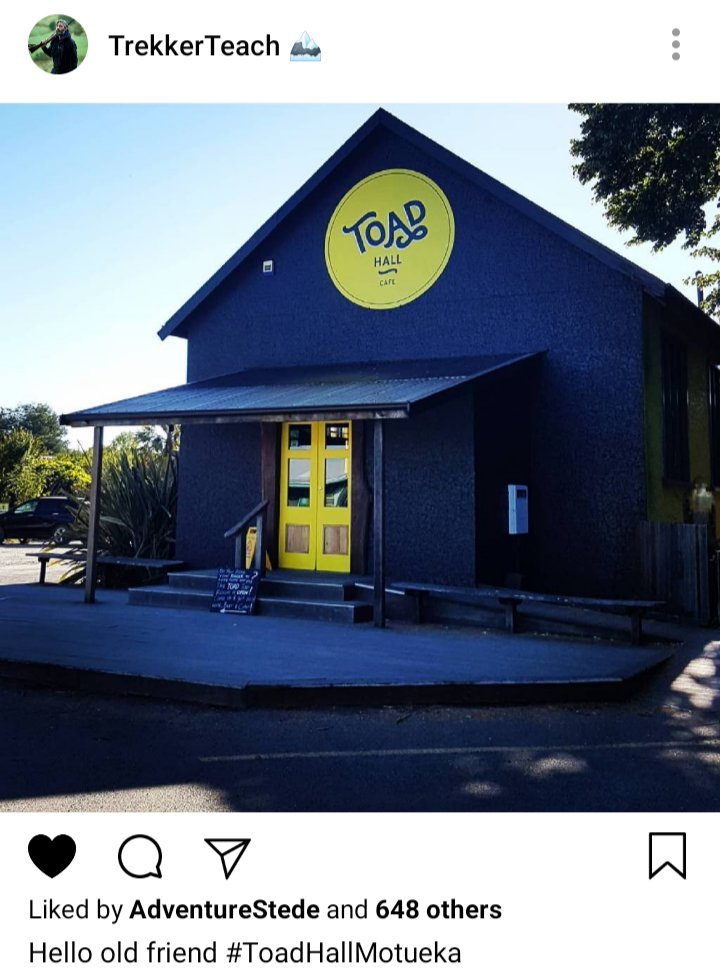 Ed's IG: image of the Toad Hall cafe building exterior. Black building, blue sky.
Caption: Hello old friend #ToadHallMotueka