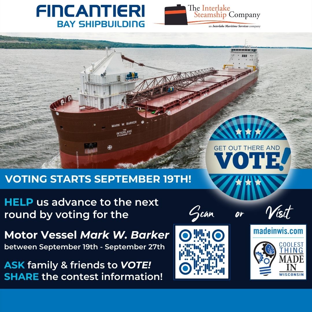 InterlakeSSCo's tweet photo. Only two days left to vote for our new build, the Motor Vessel Mark W. Barker, as the "Coolest Thing Made in Wisconsin" contest for 2022! Vote now by clicking this link: https://t.co/uJMP8fBJ6X
#coolship #voteforus #thankyou https://t.co/f6IQovFbXQ