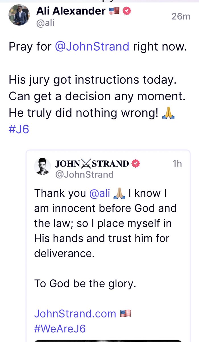 Mgon's tweet photo. FROM @ALI (https://t.co/aa0fjPyjQz) #AliAlexander:

“Pray for  #JohnStrand right now...”

https://t.co/jFkKtm6jZf
#StandWithStrand 
#WeAreJ6 #J6 https://t.co/Gnoy0Ppiad