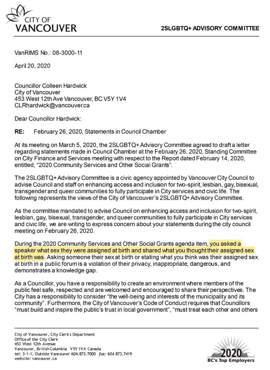 progress_van's tweet photo. Colleen Hardwick was censured by the City of Vancouver’s 2SLGBTQ+ Advisory Committee for transphobic statements.

#vanpoli (2/4) https://t.co/oFmZKAUIWh