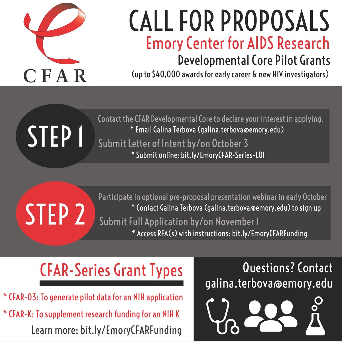 Call for proposals for the CFAR-Series Mentored Pilot Grant Program!! Apply for up to $40K for a one-year research project that aims to advance #HIV prevention, treatment, care and/or cure strategies. LOIs due 10/3. Learn more & read the full RFAs: bit.ly/EmoryCFARFundi…