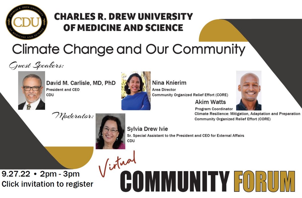 cdrewu's tweet photo. Got questions for our guests who will be discussing the impacts of #climateschange on underserved communities tomorrow in the CDU Community Forum? Tweet us at #CDUcommunityforum.
Event info and RSVP at https://t.co/rSTY6FqAhV https://t.co/MHSEWBC8lh