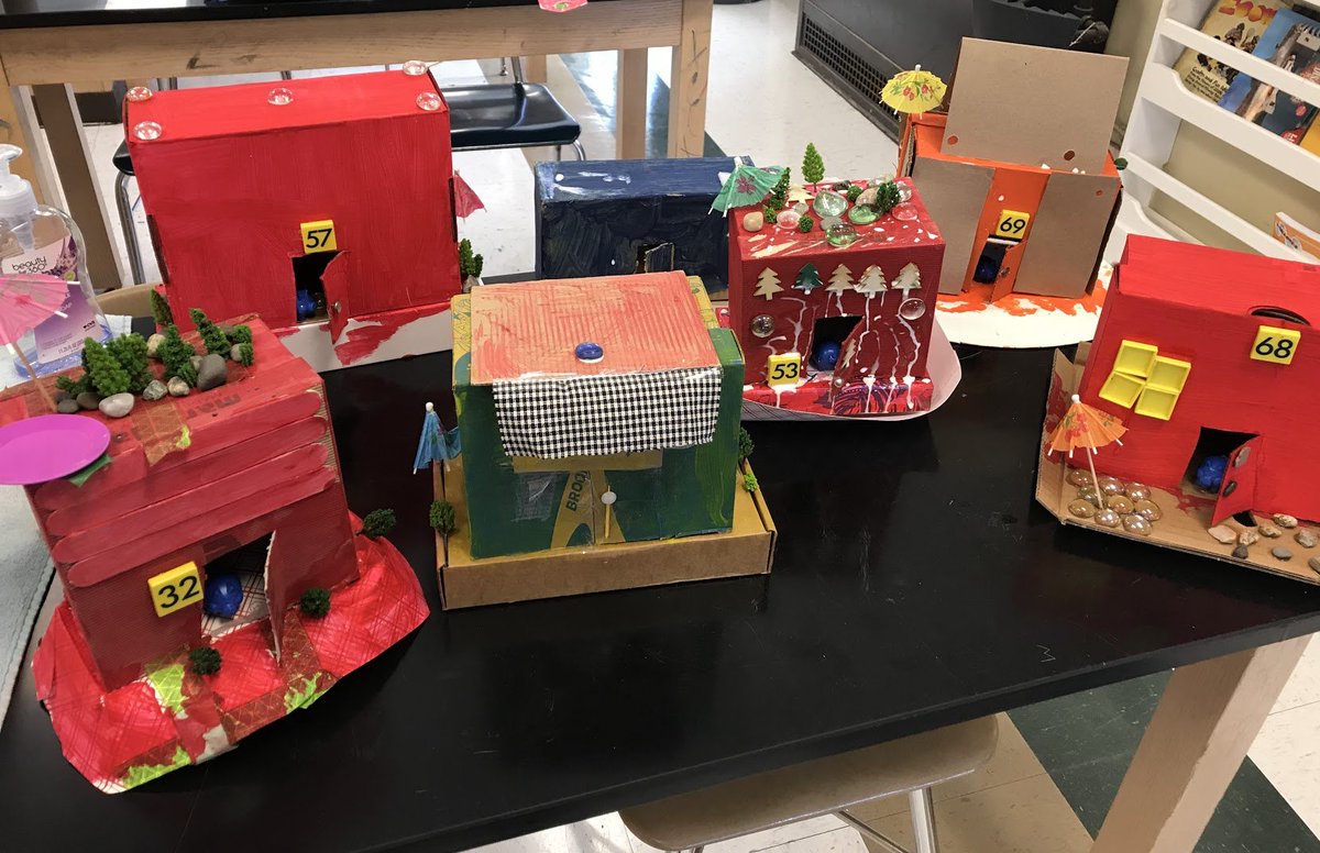 2hawks214's tweet photo. 6th grade wrapped up the 3 Little Pig Challenge today with their sturdy houses that a category 3 hurricane (or a school fan set to 3 😉) couldn't blow over. #engineeringdesign #foundmaterials #Steam @HInclusion @BostonSchools https://t.co/XhS5PomSes