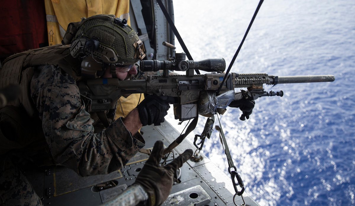 #MarineCorps scout snipers with the @31stMeu conduct an aerial live fire exercise in the Philippine Sea, Sept. 20.

Marines conduct live fire to hone critical skills and maintain combat proficiency in any environment.

#EveryDomain #MarineCombatArms