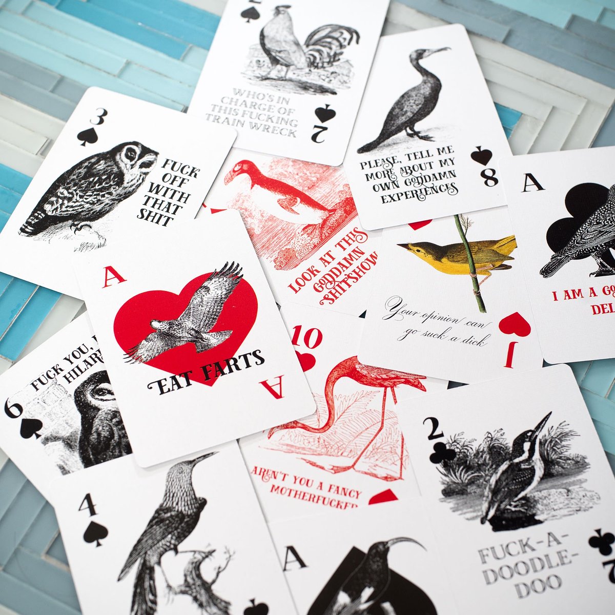 EffinBirds's tweet photo. Two low stock alerts for the Effin’ Birds store:

1) we’re down to the last case of the last EVER print run of the original Effin’ Birds playing cards, and

2) the Fuck Off I’m Reading pins sold like crazy and will sell out before Christmas.

Get yours: https://t.co/XS6fEFt7Cp https://t.co/0yMe1jbOLj