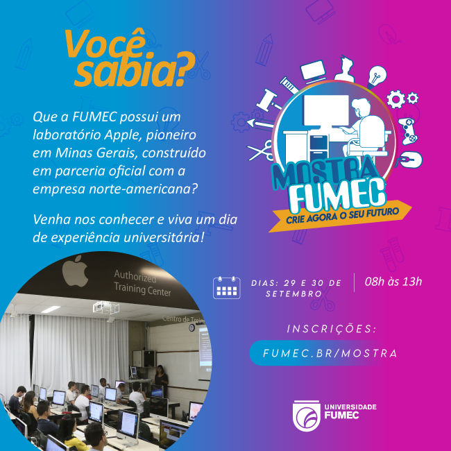fumec's tweet photo. Nos dias 29 e 30 de setembro, na Mostra FUMEC, você terá a oportunidade de conhecer a Universidade, seus laboratórios e tirar suas dúvidas sobre seu curso de graduação. Acesse: https://t.co/Xx8Xe31B20 e inscreva-se! https://t.co/s3aVnhO4h4