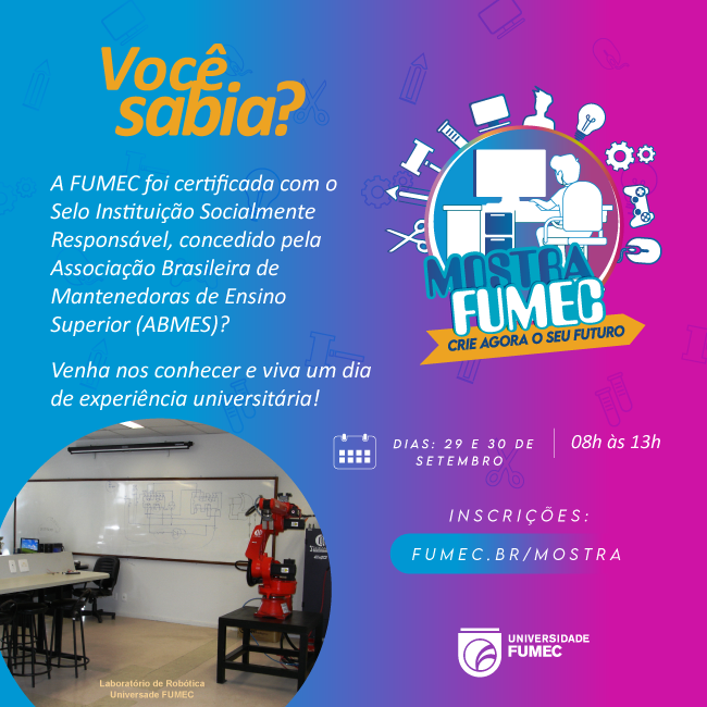 fumec's tweet photo. Nos dias 29 e 30 de setembro, na Mostra FUMEC, você terá a oportunidade de conhecer a Universidade, seus laboratórios e tirar suas dúvidas sobre seu curso de graduação. Acesse: https://t.co/Xx8Xe31B20 e inscreva-se! https://t.co/s3aVnhO4h4