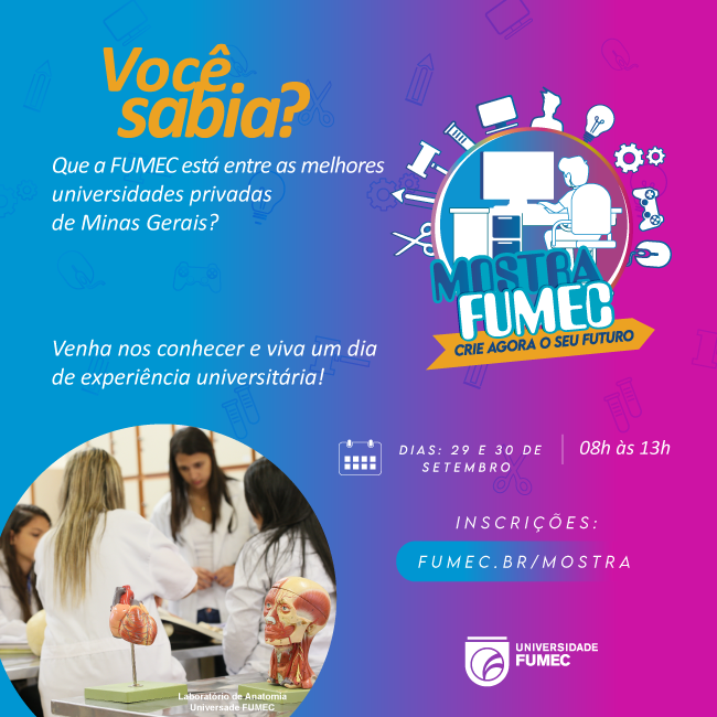 fumec's tweet photo. Nos dias 29 e 30 de setembro, na Mostra FUMEC, você terá a oportunidade de conhecer a Universidade, seus laboratórios e tirar suas dúvidas sobre seu curso de graduação. Acesse: https://t.co/Xx8Xe31B20 e inscreva-se! https://t.co/s3aVnhO4h4