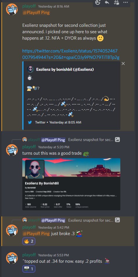 TridentNFT's tweet photo. Started off this week the right way 👀🔥 Interact for an invite! (Dropping Link Soon)

Exolinez 0.12➡️0.34
END Free➡️0.03
Spirit Gates 0.08➡️0.11
Royal Fools 0.08➡️0.15 https://t.co/2T0froKPgu