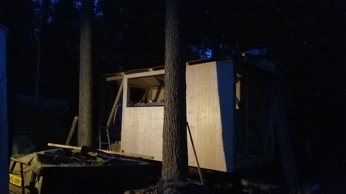 Wolfie is building a mobile den for his weekend volunteering work. 1940's wooden farm trailer underneath and all new construction on top.