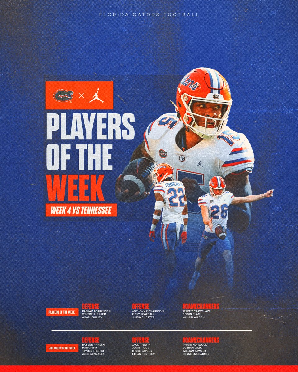 GatorsFB's tweet photo. Our Week 4️⃣ Players of the Week 

#GoGators | #jOURney https://t.co/54R1m5QcZo