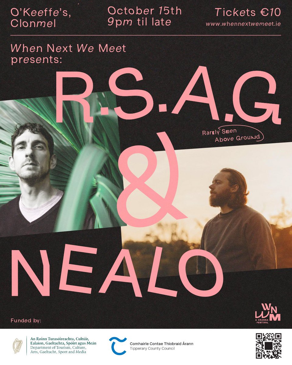 Announcing R.S.A.G &amp; Nealo Double Headliner show at O’Keeffe’s Clonmel. ✨🌙 
Oct 15th 9pm til late
Ticket €10 + BF 
.
Made possible by @DeptCulturelRL and <a href="/TipperaryArts/">Tipperary Arts Office</a> <a href="/TipperaryCoCo/">Tipperary County Council</a>  through the LLPS funding scheme.
.
<a href="/RSAGmusic/">RSAGmusic</a> <a href="/NellydaSilla/">Nealo</a> <a href="/OKeeffesClonmel/">OKeeffes</a> <a href="/Timpeall_ie/">Timpeall</a>
