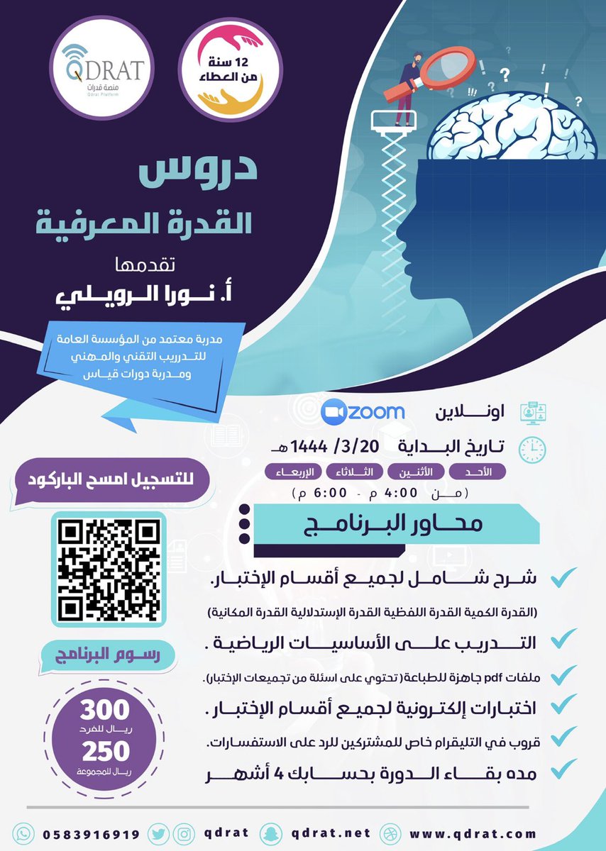 qdrat's tweet photo. لا زال عرض #اليوم_الوطني مُستمر 
ثلاث أيام و ينتهي 👌

بدأ التسجيل في دروس #القدره_المعرفيه مع المدربة المُتألقة أ. نورا الرويلي مدربة معتمدة و مدربة دورات قياس 💙✨..

للتسجيل:
https://t.co/lgDfNKaqFE

#منصة_قدرات https://t.co/0d6TOBofJt