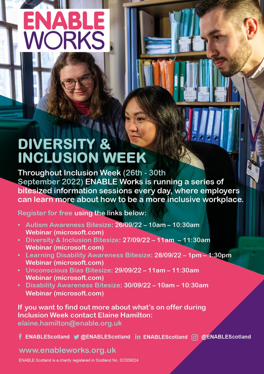 It's #InclusionWeek and #ENABLEWorks will be running a series of bitesized sessions for employers to learn about the benefits of a #diverse workforce! Get in touch with @ElaineH_ENABLE for more info.