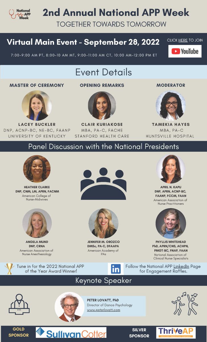 National Advanced Practice Provider Week kicks off today! 

The Virtual Ceremony is on Wed, September 28 via YouTube. AANA President Dr. Angela Mund, DNP, CRNA will be speaking on the panel.

Learn more on #NationalAPPWeek and tune in: bit.ly/3fmdExV