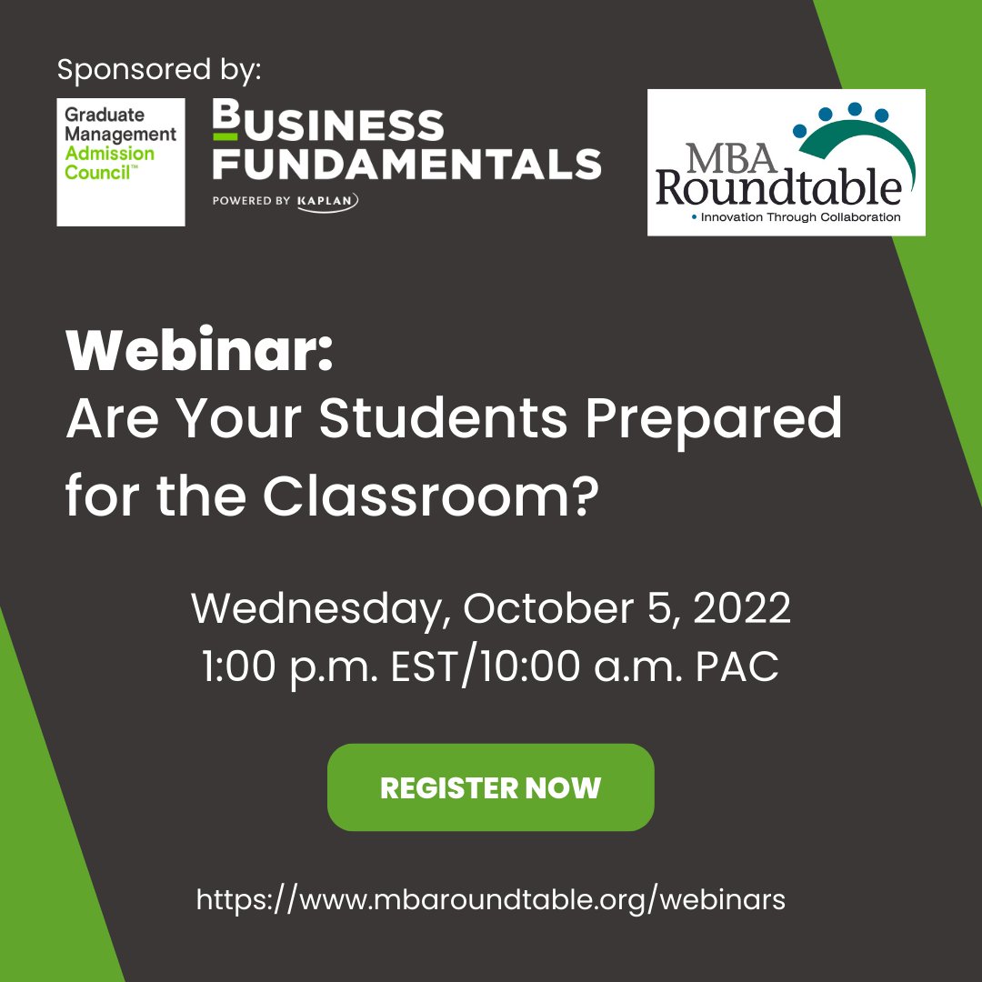 GBCRoundtable1's tweet photo. Don't Miss our webinar - Are Your Students Prepared for the Classroom? Wed, Oct 5 at 1 pm EST. Join this session to explore the topic of student preparedness through the lens of both programs and students.  Register here: https://t.co/A3b8BNNsre https://t.co/h43SeazrbX